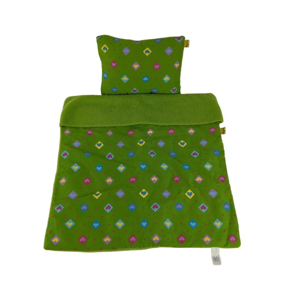 Build A Bear Green Blanket & Pillow Bedding Pink Polka Dot Hearts Fleece BABW